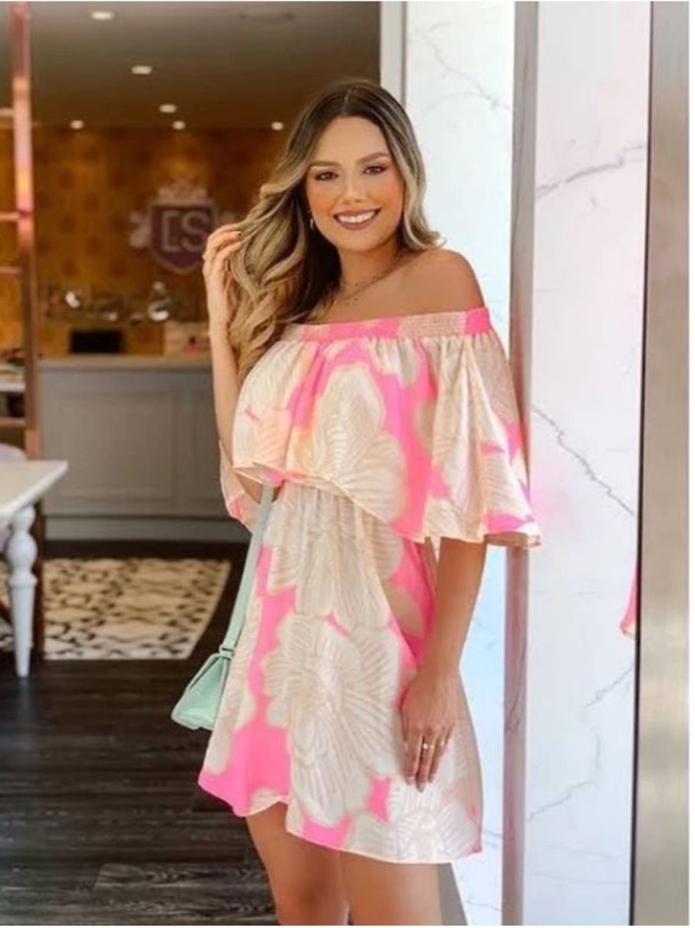 FARM Rio Pink Floral Off-Shoulder Mini Dress – Size L